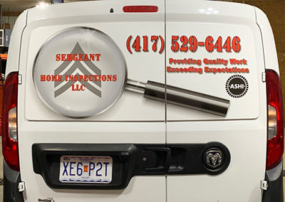 Partial vinyl vehicle wrap of a white van with Sergeant Home Inspections logo